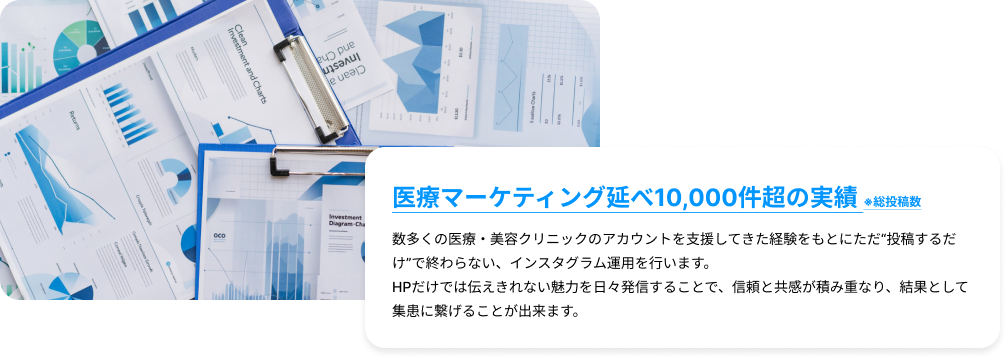 医療マーケティング延べ10,000件超の実績 ※総投稿数｜数多くの医療・美容クリニックのアカウントを支援してきた経験をもとにただ“投稿するだけ”で終わらない、インスタグラム運用を行います。HPだけでは伝えきれない魅力を日々発信することで、信頼と共感が積み重なり、結果として集患に繋げることが出来ます。